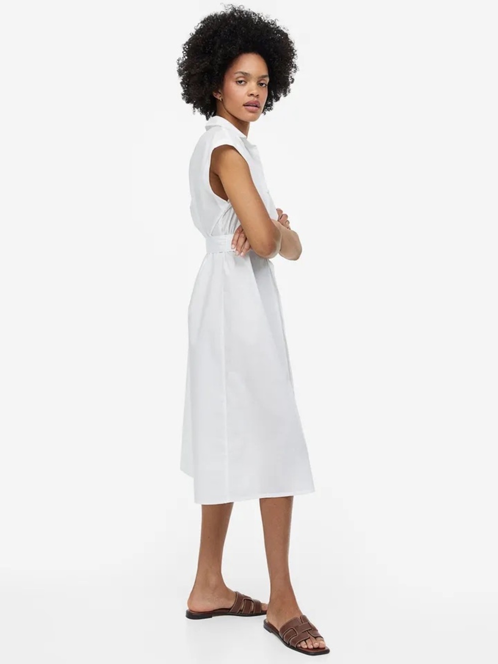 H&M White Cotton Shirt Dress Belted Midi Minimal Buttons Capsule Wardrobe Size L - Picture 2 of 7